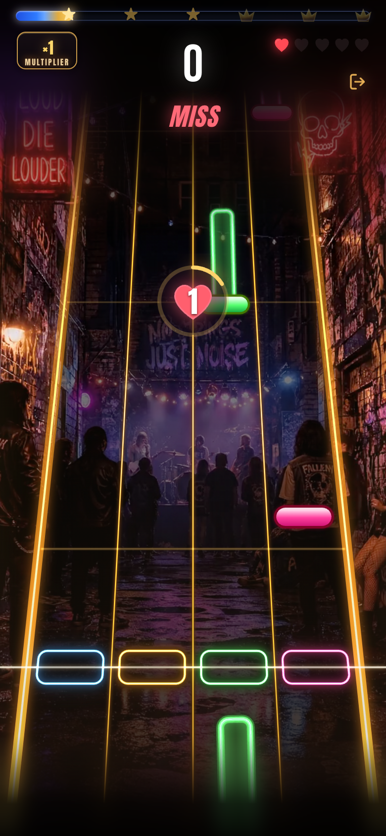 Gameplay in the Garage venue — falling notes over a live alley show