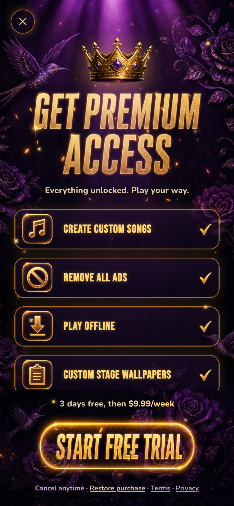 Premium access — create songs, remove ads, play offline