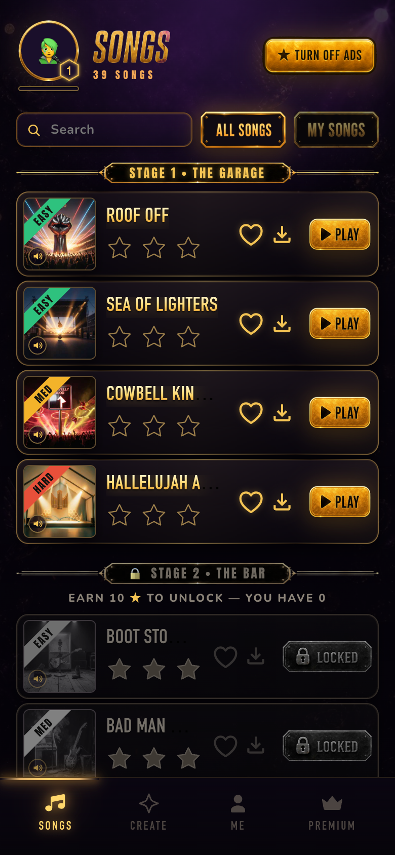 The Songs page — your journey through the world tour stages